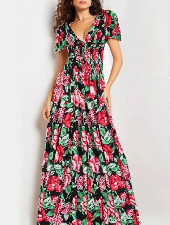 Floral V -Neck Short Sleeved Summer Dress